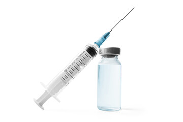 Medical syringe and glass vial with a metal cap filled with liquid medication or vaccine, antibiotic ampoule isolated on a transparent background