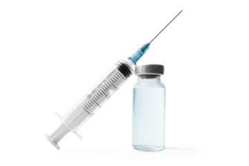 Medical syringe and glass vial with a metal cap filled with liquid medication or vaccine, antibiotic ampoule isolated on a transparent background