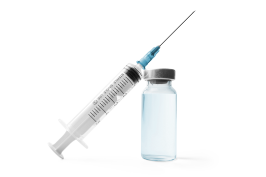Medical syringe and glass vial with a metal cap filled with liquid medication or vaccine, antibiotic ampoule isolated on a transparent background - Powered by Adobe