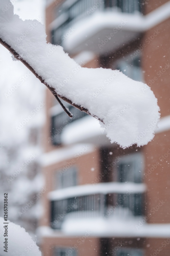 Poster a tree branch covered in snow stands out against the facade of a building