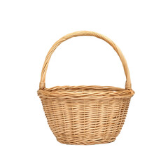 Woven wicker basket with curved handle on a white isolated background.