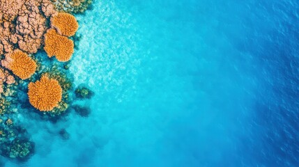 Aerial view of vibrant orange coral formations against a stunning blue ocean background, showcasing the beauty of marine life.