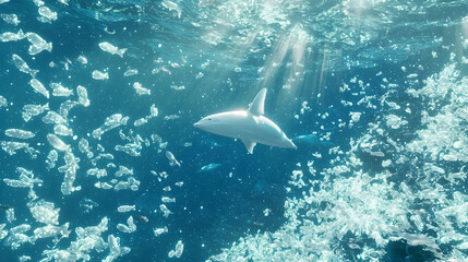 Fototapeta premium Underwater shark swimming amidst fish school, sun rays illuminating ocean scene. Ideal for marine life documentaries