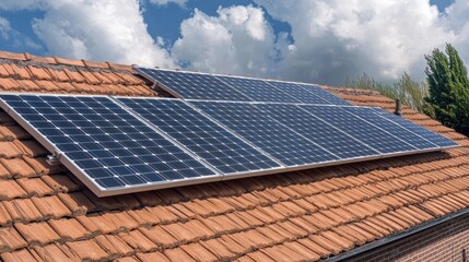 Fototapeta premium Solar panels on tiled roof, sunny day, energy (5)