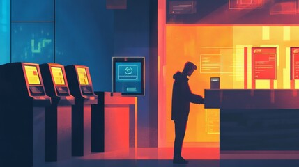 Bank building with digital binary code overlay, representing modern financial tech. Fintech, banking, technology, finance, innovation, cyber