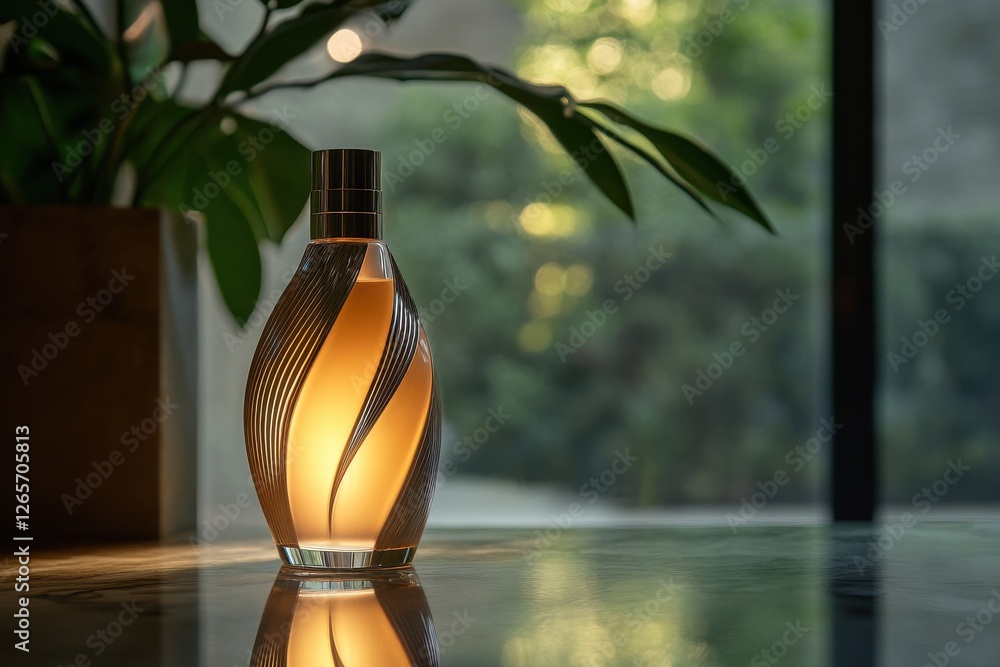Poster Unique decorative bottle illuminated by soft light, showcasing an elegant design against a natural backdrop in a serene setting