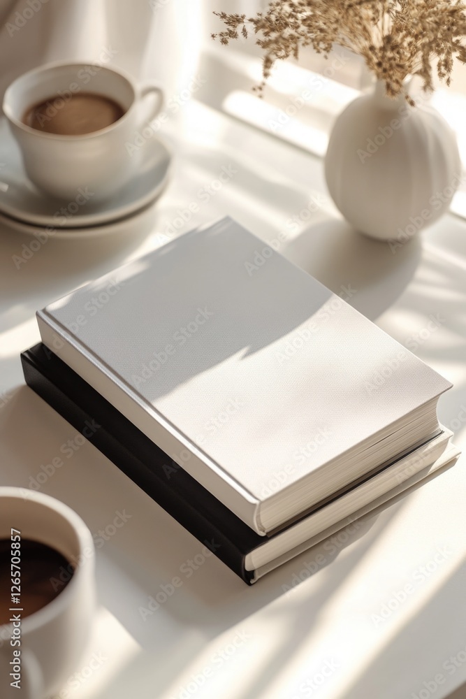 Poster a person enjoying their morning routine with a cup of coffee and a book on a table