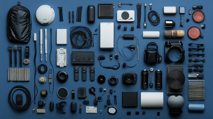 Assorted tech gadgets, accessories, and cables arranged on a blue background