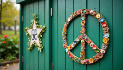 Colorful recycled peace sign on urban green wall, symbol of harmony