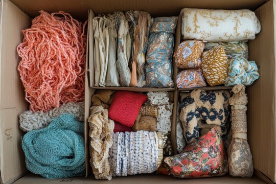 Colorful assortment of textiles and yarns neatly arranged in a cardboard box during a craft organization session