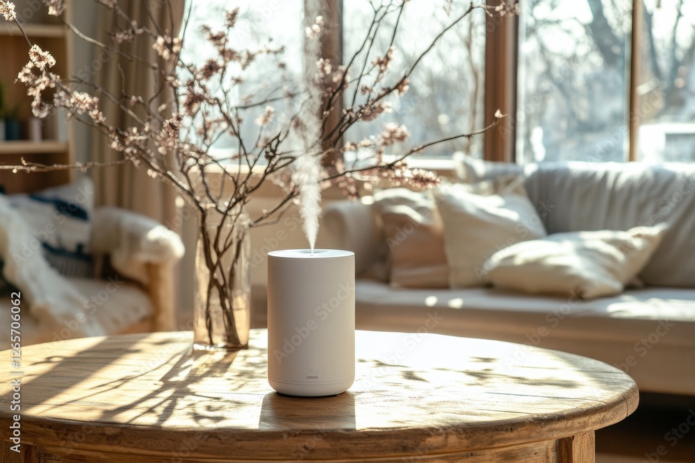 Poster home interior with a diffuser on a wooden table surrounded by blooming branches in bright natural li