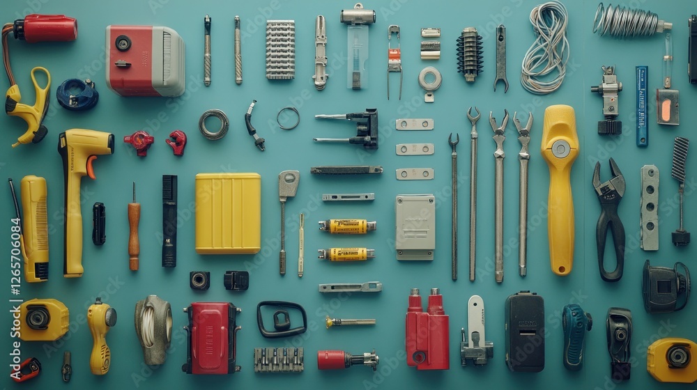 Poster assorted tools and hardware spread on a teal background, showcasing diverse components