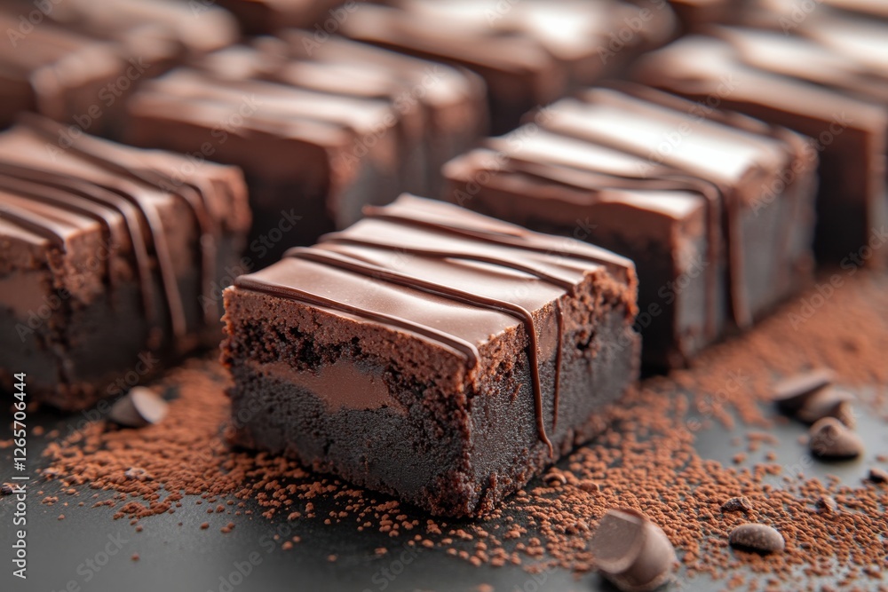 Poster Decadent chocolate brownies with drizzled frosting and cocoa dust arranged on a dark background