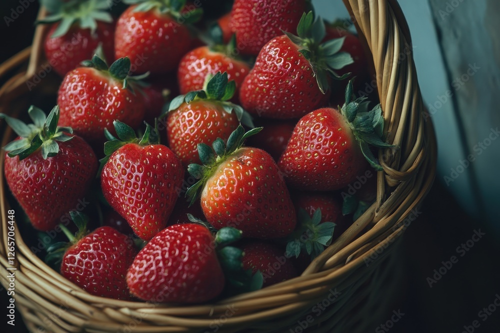 Poster freshly picked strawberries in a wicker basket against a rustic wooden backdrop