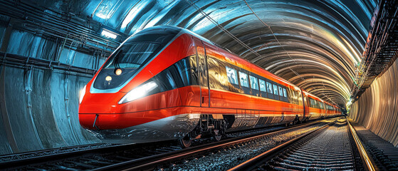 Fototapeta premium High-speed train entering a modern tunnel, showcasing dynamic lighting and rail infrastructure