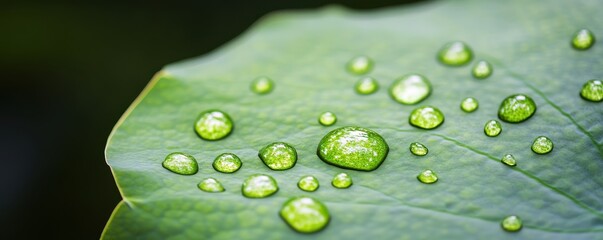 Fototapeta premium A close-up view of a green leaf adorned with glistening water droplets, showcasing nature's beauty and the freshness of the environment.