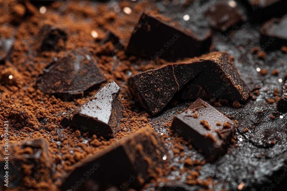 Poster dark chocolate chunks and cocoa powder arranged on a textured surface for a mouthwatering dessert pr