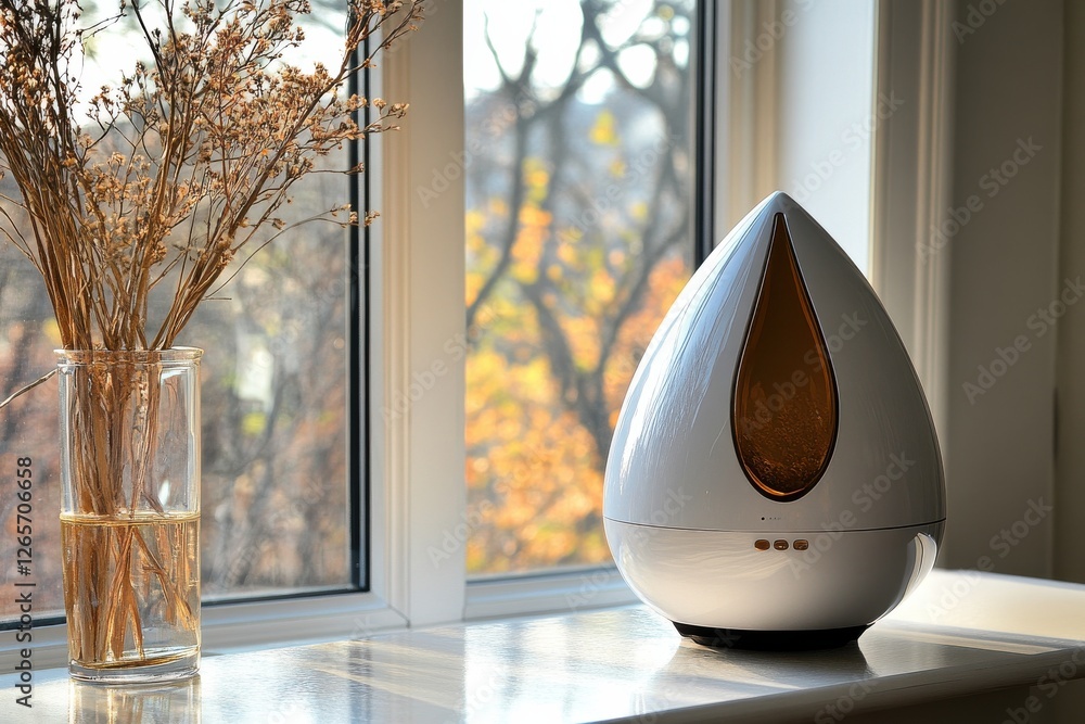 Poster aromatherapy diffuser placed on a windowsill with natural light illuminating dried flowers and trees