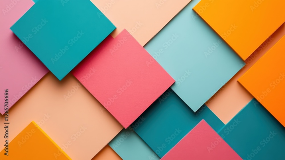Poster a vibrant arrangement of colorful paper squares overlapping on a flat surface, showcasing a palette 