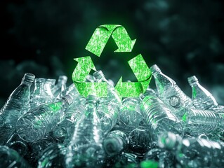 Glowing green recycling symbol above a pile of plastic bottles representing waste management and environmental care. Generative AI