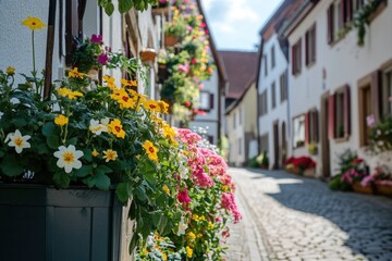 Fototapeta premium A picturesque scene of a cobblestone street lined with vibrant flowers, perfect for use in travel or lifestyle photography