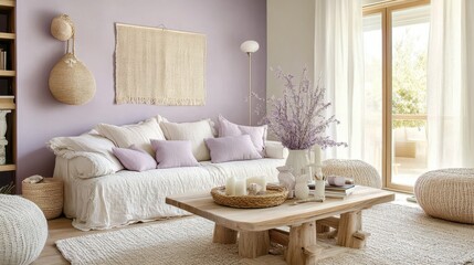 Cozy living room featuring soft lavender and natural textures