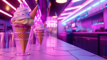 Naklejka premium Vibrant Neon-Lit Ice Cream Shop Scene with Glowing Cones and Trendy Dessert Vibe