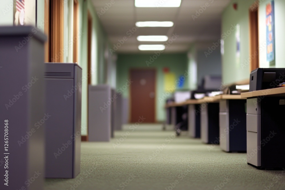 Poster Long row of office desks and computers
