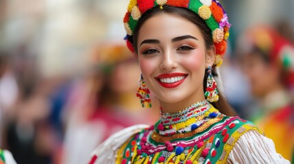 Fototapeta premium A vibrant woman smiles while wearing colorful traditional attire accented with floral decorations, showcasing cultural heritage and joy.