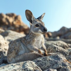 Fototapeta premium Australian Joey resting on rocky outcrop, sunny day