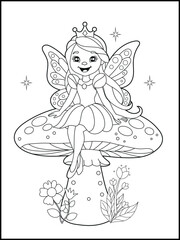 Black and white fairy coloring pages for kids. Children's coloring books with cute cartoon fairy characters, fun and educational materials for kindergarten.
