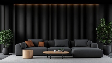 Modern dark living room interior design, gray sectional sofa, wooden coffee table, plants