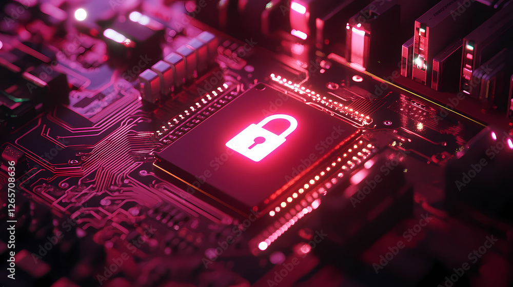 Poster close-up of a circuit board with a glowing lock symbol