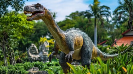 Naklejka premium Dilophosaurus statue in a lush garden setting, vibrant and detailed