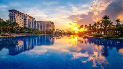 Fototapeta premium Tranquil luxury sunset over infinity pool swimming summer beachfront resort, tropical landscape. Beautiful reflection clouds palm trees as holiday vacation background. Amazing travel island beach
