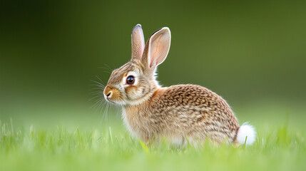 Fototapeta premium An Eastern Cottontail Rabbit (Sylvilagus floridanus) hopping through the lush grassy field in British Columbia, Canada. The rabbit blends perfectly with its natural environment, sh