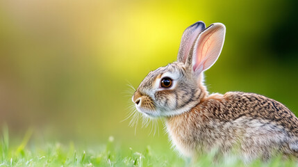 Fototapeta premium A close-up of an Eastern Cottontail Rabbit (Sylvilagus floridanus) in the wild, grazing in an expansive grassy meadow in British Columbia. The rabbitâs keen eyes scan the surroundi
