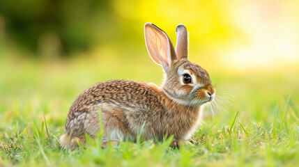 Fototapeta premium A curious Eastern Cottontail Rabbit (Sylvilagus floridanus) resting in the open grassy field of British Columbia, Canada, with its distinctive fluffy tail and alert posture, blendi
