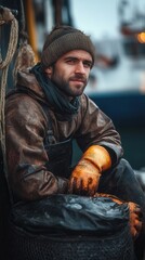 Fototapeta premium A portrait of a young fisherman in protective gear with dirty gloves on the deck of a fishing vessel – harsh maritime life and hard labor.