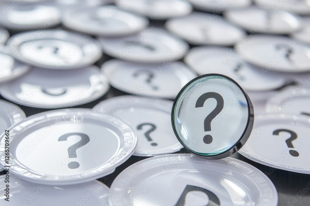 Poster a close-up of a magnifying glass with a question mark on the lens, suitable for educational or detec