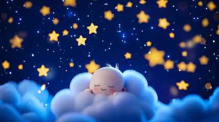 Fototapeta premium An enchanting lullaby animation where a baby drifts off to sleep on a soft cloud surrounded by shimmering stars, perfect for a live wallpaper that enhances the calming environment