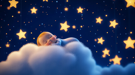 A calming lullaby animation for babies, featuring a cute baby peacefully sleeping on a fluffy cloud surrounded by twinkling stars, creating a serene night-time atmosphere. Perfect