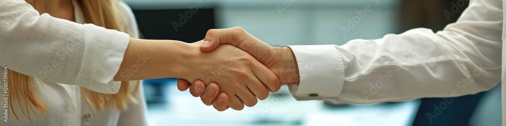 Poster two individuals in formal attire extending hands for a greeting or agreement, suitable for professio