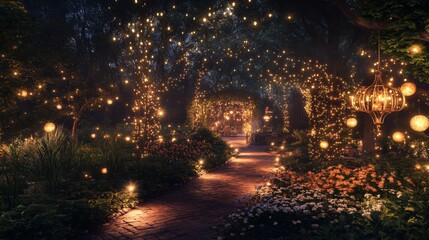 magical lights sparkling in mysterious forest at night.