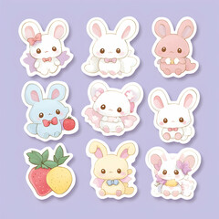 Fototapeta premium Nine adorable bunny stickers; pastel colors; fruit accents; purple background; ideal for stationery, scrapbooking, or children's products