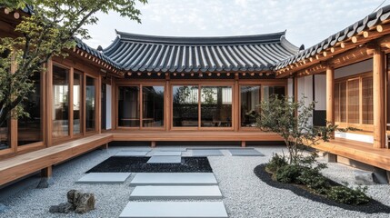 Fototapeta premium Traditional korean house with courtyard garden and stone pathway