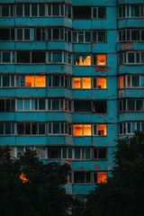 Obraz premium Evening View Lit windows on a high-rise apartment building, with trees below