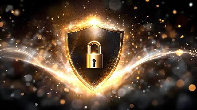 A golden shield with a padlock surrounded by sparkling effects, symbolizing security and protection.