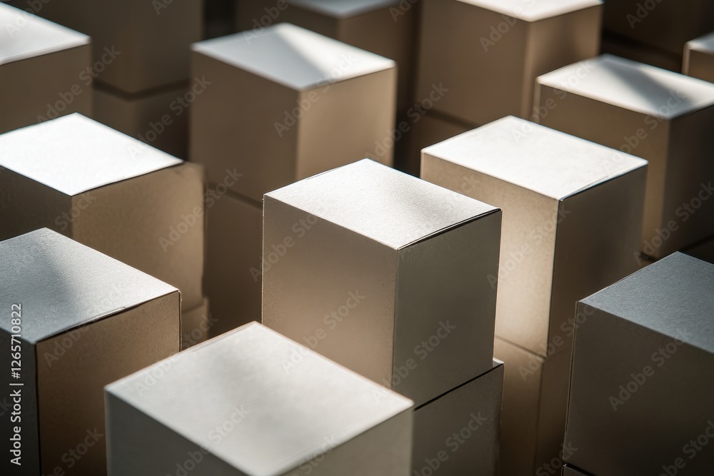 Poster Array of white square boxes illuminated by soft light in a minimalistic setting with shadows creating depth and texture