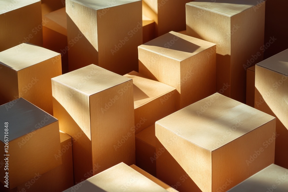 Poster Warm-toned geometric blocks create an abstract arrangement with soft shadows and highlights at midday
